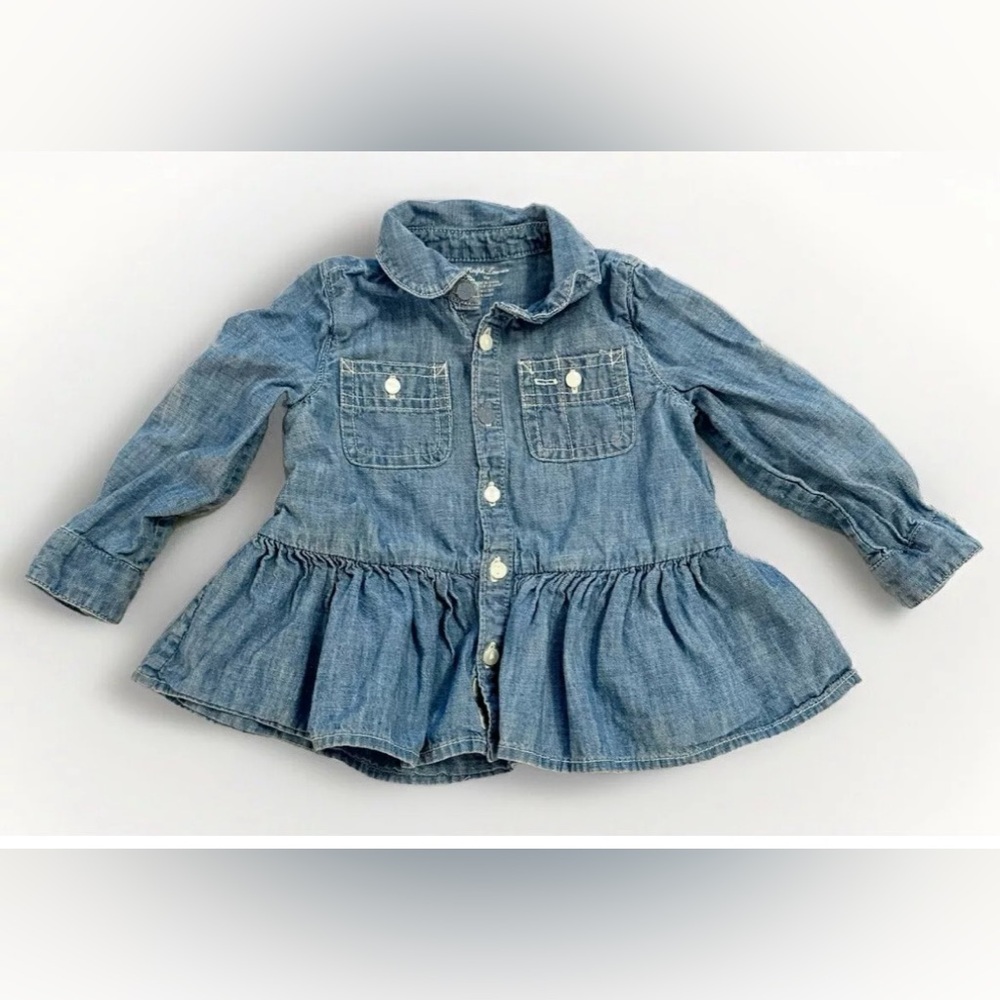 Ralph Lauren Button Up Top Baby 9M Chambray Long Sleeve Denim Peplum 100% Cotton